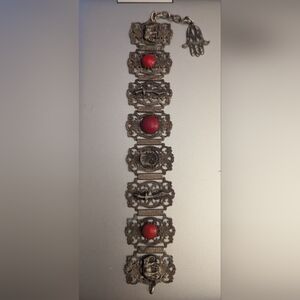 Vintage Moroccan/Algerian Panel Bracelet Red Glass Cabochons W/ Filigree Panels